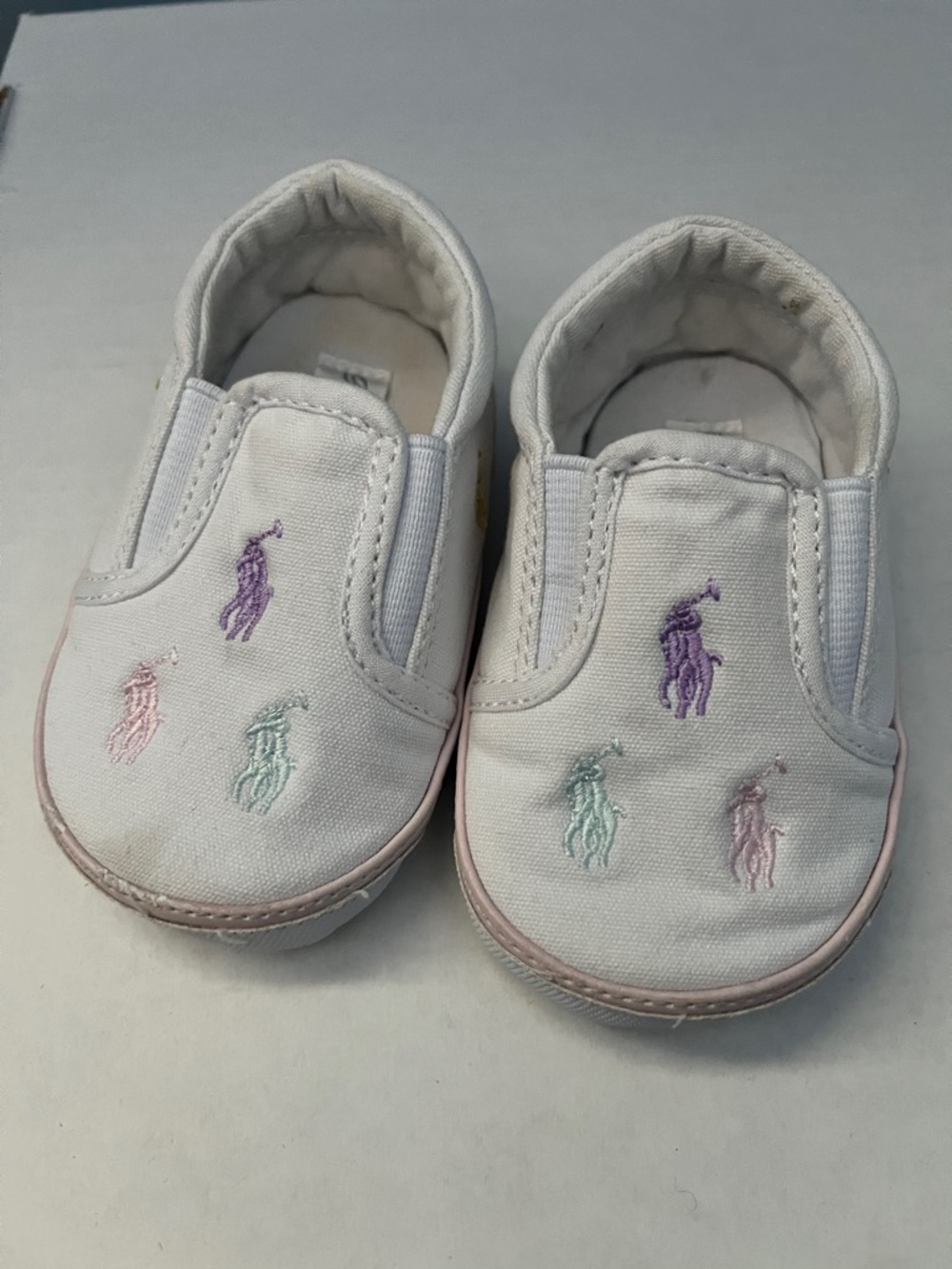 Ralph Lauren White Canvas Slip-On Baby Shoes with Pastel Pony Embroidery